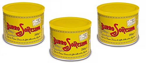 3 botes de mantequilla Latteria Soresina Burro, que solo se produce con crema de leche fresca, lata de excelencia italiana con 250 g