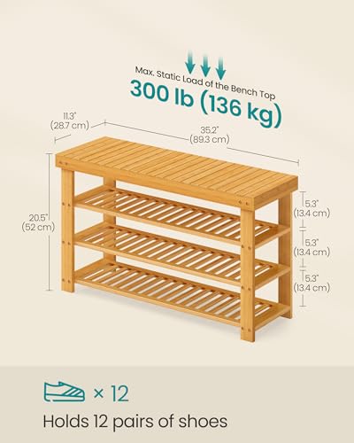 Image of SONGMICS Shoe Rack Bench, 4 Tier Bamboo Shoe Storage Organizer, Entryway Bench, for Living Room, Bathroom, Bedroom, 11.3 x 35.2 x 20.5 Inches, Light Bamboo ULBS390YL01