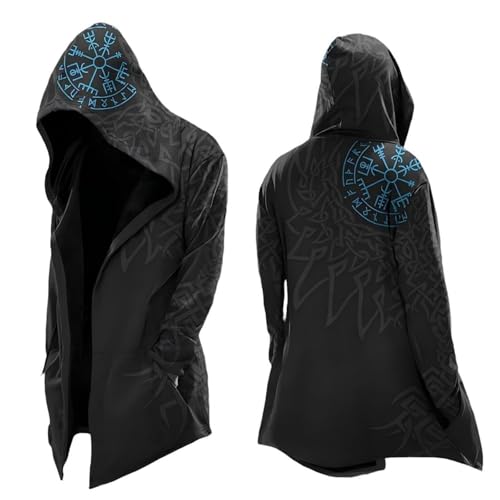 Image of Viking Hoodie Men's Medium Length Spring Autumn Cardigan Cosplay Costume with Hood 3D Printed Cool Coat Biker Jacket Sweatshirt Sweat Jacket Leisure Jacket Motorcycle Jacket(Blue,Medium)
