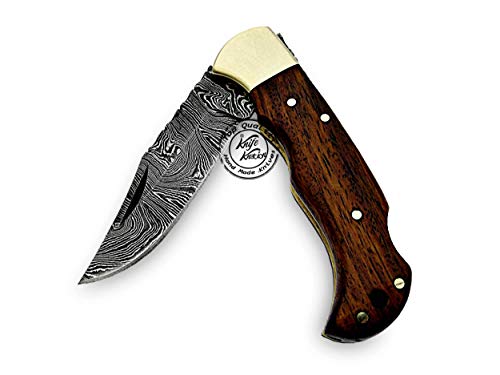 Rose Wood Handmade Damascus Pocket Knife - Folding - Hunting Knife, Folding Knives for Men with Wood Handle for Outdoor Survival Hunting Accessories, Gifts for Men, Boyfriend, Dad, Father’s Day Gift