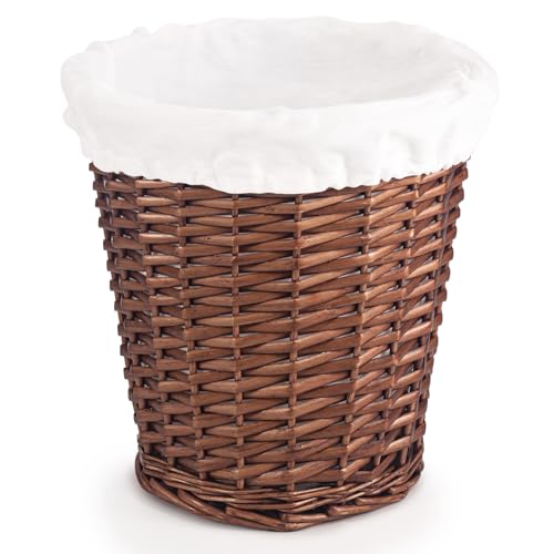 woodluv Round Wicker Willow Storage Basket W/Linning Waste Paper Bin