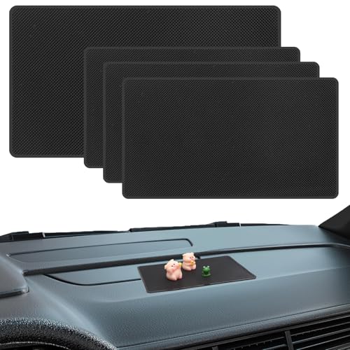HENGBIRD 4 Pezzi Tappetino Antiscivolo Auto, 3 Piccoli e 1 Grande Silicone Nero, Riutilizzabile Senza Colla per Cruscotto, Occhiali, Chiavi, Supporto Telefono