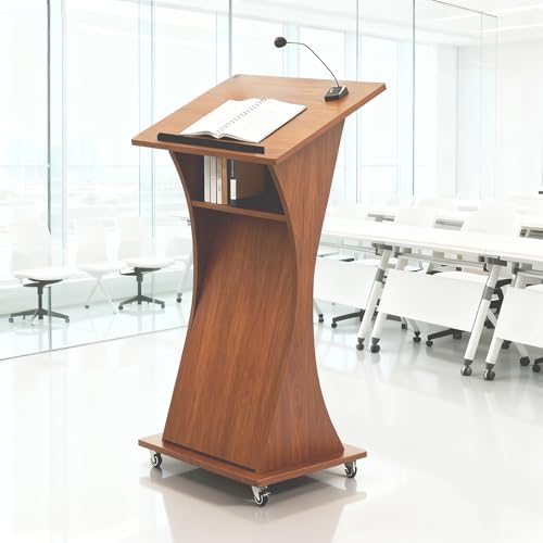 Image of Portable Mobile Wooden Podium Stand with Lockable Wheels, Lightweight 42.5 inch Rolling Lectern for Churches, Ideal for Presentations, Events, and Public Speaking