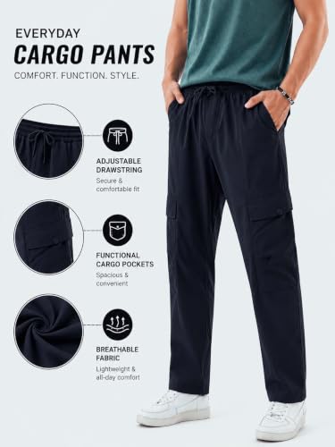 Image of Men's Cotton Cargo Pants | Straight Fit Casual Trousers for Men with Pockets | Lightweight & Breathable Pants with Elastic Waistband & Drawstring | Comfortable Lower for Mens