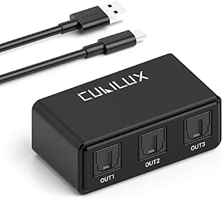 Cubilux 1-in 3-Out S/PDIF Splitter [Ultra-Low Jitter, USB C Powered] 3-Way Toslink Optical Audio Adapter for HDTV, Xbox One/360, PS4/PS3, CD/DVD/Blu-Ray Player, Home Theatre, Headphones, Soundbar