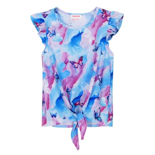 Image of JESKIDS Girls Short Sleeve Shirts Ruffle Tie Front Unicorn /Tie Dye Print Summer Tee Tank Tops 3-11 Years