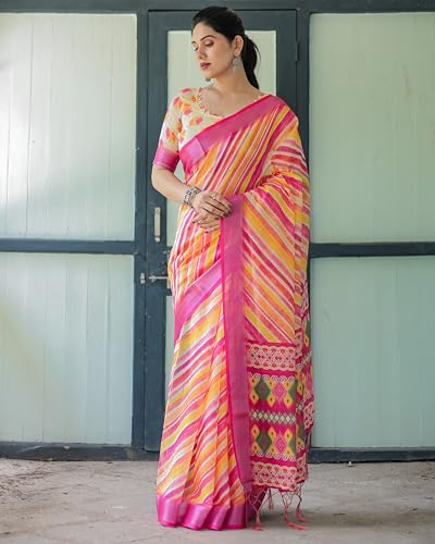 Image of Kaugalian store Linen Cotton Floral Printed Saree for Women with Unstitched Blouse Piece | 5.5 M Saree & 0.8 M Blouse