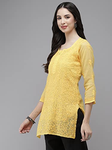 Image of Ada Women's Cotton Blend Regular Fit Tunic Hand Embroidered Lucknowi Chikankari Kota Western Top Kurti With Slip A911184