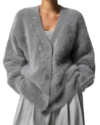Image of Womens Fuzzy Sweaters Cardigan V-Neck Button Down Oversized Mohair Sweater Casual Y2k 2026 Fall Winter