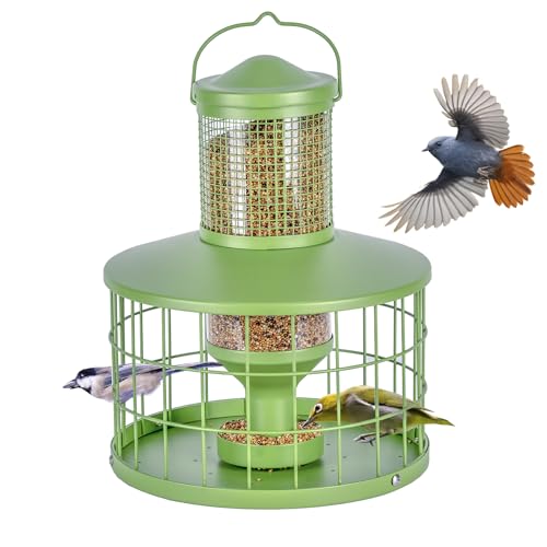 Caged Bird Feeders Squirrel-Proof, Metal, 2.8Lbs Capacity-Cage Tube Seed Feeders with Tray, Hanging Wild Bird Feeders, Attract Birds,Detachable Cleaning, Starling Proof Wild Bird Feeder（Green）
