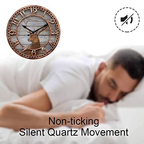 Keygift 12 Inch Wall Clock Silent Non Ticking Battery Operated Quality Quartz Rustic Deer Decor Theme Antique Copper Round Frame Clock For Home Office #TOP4