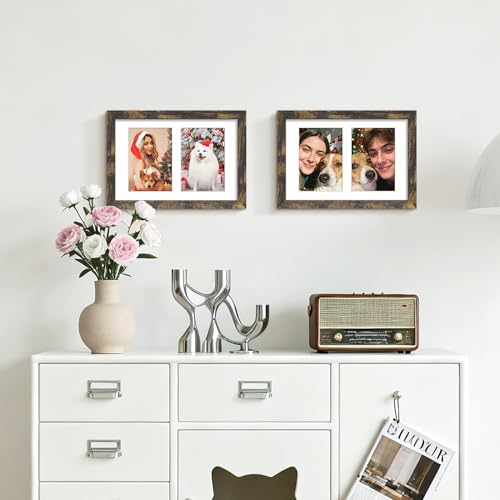 Image of DUENPY 6x9 Picture Frame Double 3.5x5 Collage Picture Frame Displays Two 3.5x5 inch Photos Collage Wall Decor Wall Hanging or Tabletop Brown