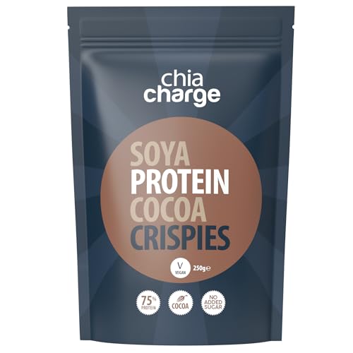 Chia Charge - 75% Protein Cocoa Soya Crispies - High Protein for Adults and Kids - Healthy, Wheat Free Vegan Snack - Low Fat Food, No Sugar Crispies (250 g (Pack of 1), Cocoa)
