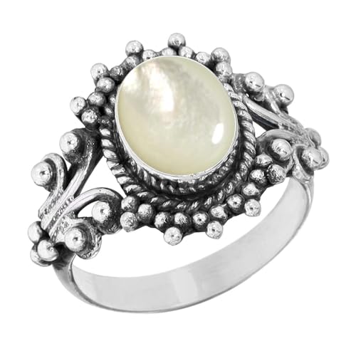 Jeweloporium Nacre Blanche Bague Plaqué Argent Taille 56.5, Bague en Argent .925 pour Femme, Véritable Pierre Précieuse Ovale Bijoux Bohème