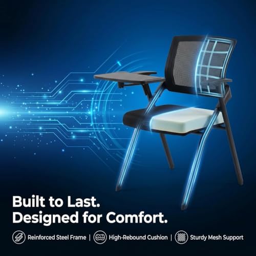 Image of Professional Folding Training Chairs with Desk Attached, Office Meeting Desk Chair with Writing Tablet and Cup Holder, Space-Saving Nesting Chairs for Conference room ,School, Seminar, Classroom