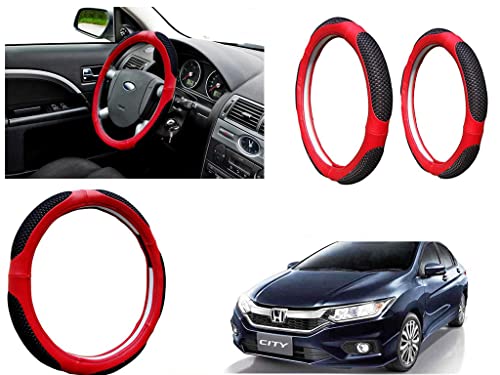 Image of Microfiber Car Steering Wheel Cover, Soft Padding Great Hand Feel, Anti-Slip, Faux Leather Steering Cover for Honda City 2017 | Black Red Jali - Pack of 1