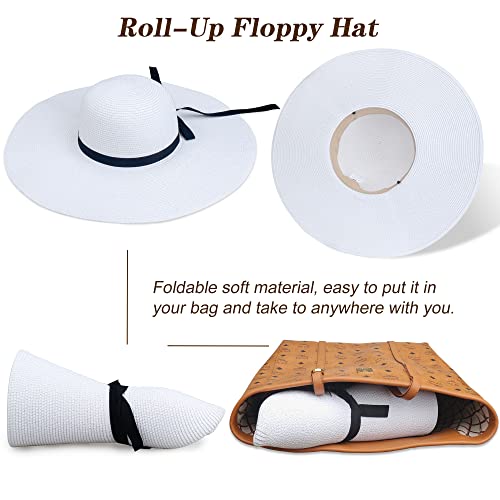 Naivlizer Women Wide Brim Sun Hat Upf50 Straw Summer Hat Floppy Beach Hat Roll-Up,Tie White #TOP3
