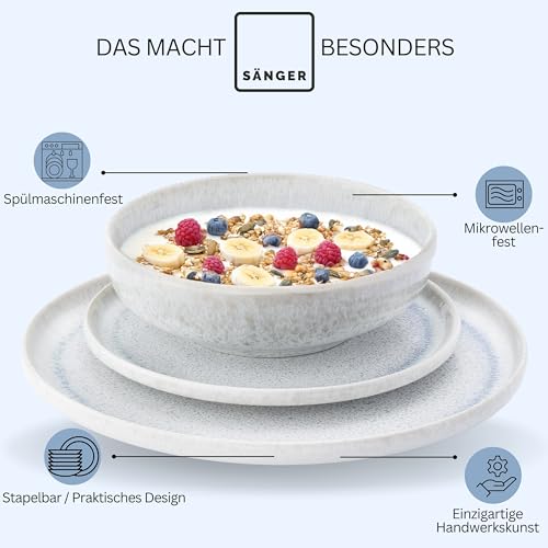 SÄNGER | Tafelservice Santorini 12 tlg, Teller Set 4 Personen TEST SEHR GUT, Steingut Geschirr Set inkl. Speise- Dessertteller & Tiefe Teller Creme mit Flieder Blauem Verlauf | PREMIUM COLLECTION