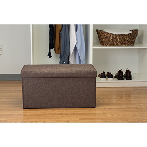 Simplify Faux Linen Folding Storage Ottoman | Double | Collapsible | Tufted Padded Seating | Foot Rest | Toy Box | Bench | Espresso #TOP4