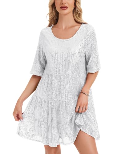Kyzoeyou Kurzarm Glitzer Sommerkleid Damen mit Pailletten Midi Kleider Leicht Kleid Casual Tunika Plissee Swing Freizeitkleid(Silbrig,XL)