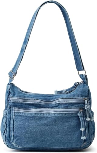 Image of Kawn Denim Shoulder Bag for Women, Canvas Aesthetic Crossbody Bag, Lightweight Hobo Handbags, Retro Messenger Bag for Teen Girls, Casual Style Jeans Purse for everyday Use with Zipper Pockets