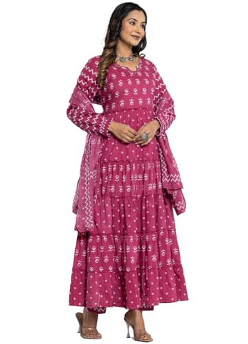 Image of Amayra Women's Pure Cotton Printed Anarkali Kurta Set with Palazzo Pants & Dupatta- Ethnic Wear