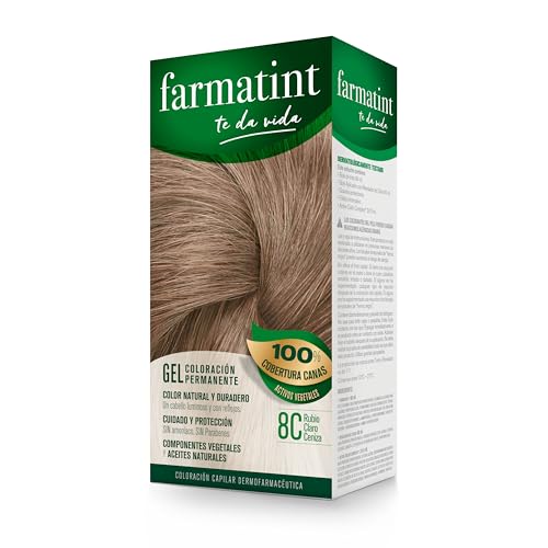 Farmatint Gel 8C Rubio Claro Ceniza, Tinte Cabello Sin Amoníaco, 135 ml | Coloración Origen Vegetal, Aceites Naturales, Sin Parafinas ni Amoníaco, Cubre 100% Canas, Dermatológicamente Testado