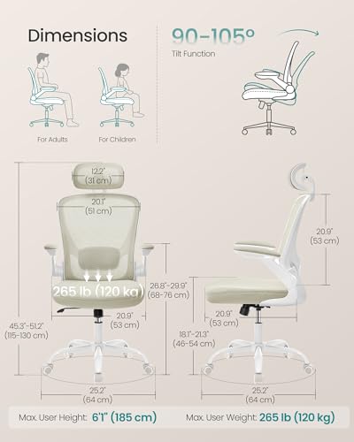 SONGMICS Office Chair, Mesh Swivel Chair, Ergonomic Lumbar and Head Support, Tilt Function, Wide Seat, Foldable Armrests, for Office Bedroom, Cappuccino Beige UOBN047K01 image 2