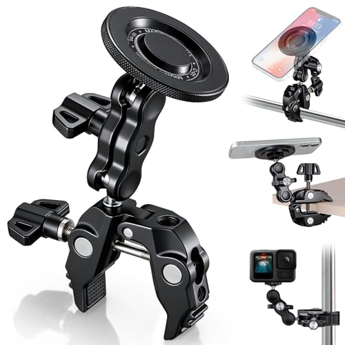 Facmogu Magnetic Phone Holder for Mic Stand All-Metal 360 Rotatable Magnet Phone Mount with Clamp Clip Phones Mount for Microphone & Music Stands Compatible with Magsafe & iPhone 17/16/15/14/13/12