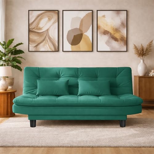 Image of Modern 3 Seater Sofa Cum Bed with Cushions, Foldable Convertible Couch, Velvet Fabric Sleeper Sofa for Living Room, Guest Room, Green