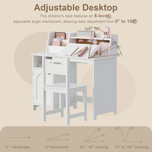 Image of Treocho Kids Study Desk and Chair Set, Kids Desk with Hutch and Tiltable Desktop for 3-8 Years Old, Wooden Children Study Table with Storage Cabinet, Student Writing Desks Bedroom, Home School, White