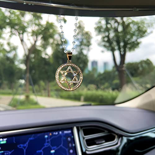 Bling Golden Star of David Rhinestone Pendant for Interior Rearview Mirror, Hanging Jewish Charm Ornament, Bedazzled Car Accessories
