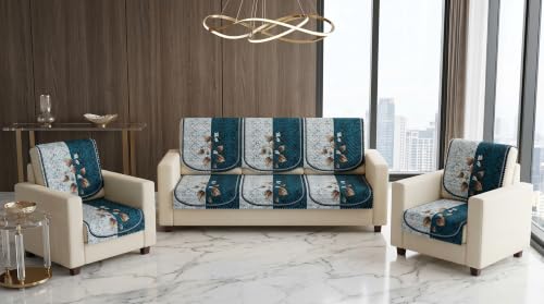 Image of KINGLY Quilted Velvet Sofa Cover Teal Blue 3+1+1 5 Seater Anti Skid Pipe