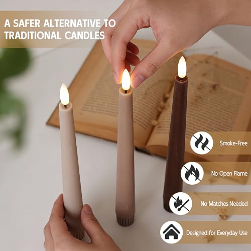 Image of Brown Flameless Taper Candles with Remote, 9.6 Inches Real Wax Battery Operated Candles, 3 Pack Flickering LED Candlesticks, Tall Taper Fake Candles for Home, Wedding, Party
