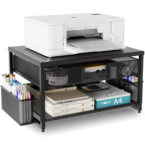 Métal Support de Bureau Imprimante avec Tiroir de Rangement et 2 Porte-Stylos, Etagère Surélevée à Deux Niveaux pour Imprimante de Bureau avec Rangement...