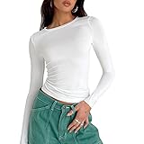 Sfit Langarmshirt Slim Fit Damen Y2K Oberteile Langarm Shirts Rundhals Cropped Tee Einfarbig Basic Crop Tops Casual Athletisches Top Teenager Streetwear(Weiß,S)