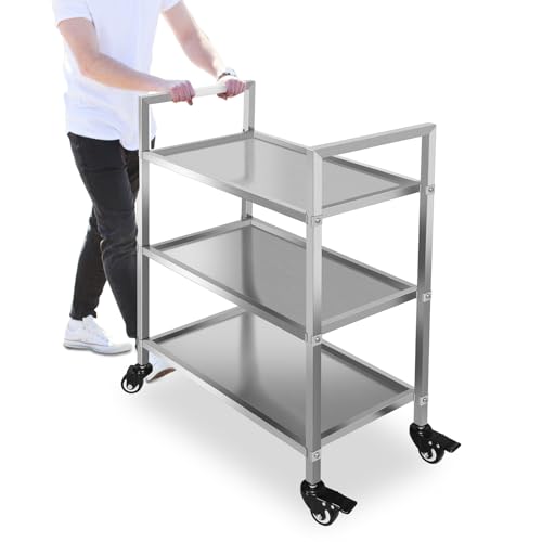 3 Tier Large Heavy Duty Stainless Steel Utility Cart Industrial Serving Cart with 360°Rotation Wheels Kitchen Island Stainless Steel Storage Trolley for Hotel Restaurant Home Use