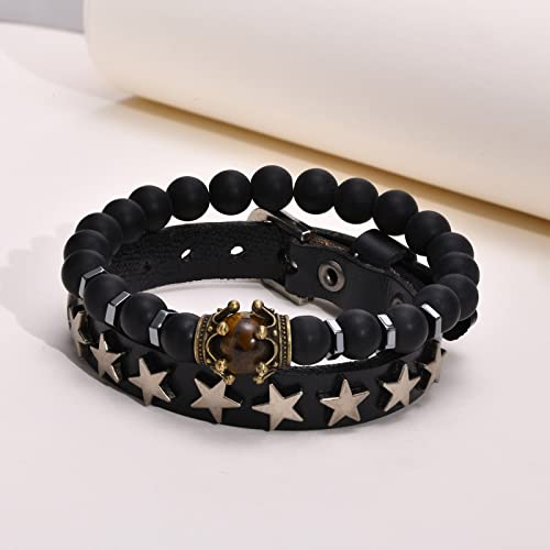 Tempbeau Star Leather Cuff Mens Bracelet - Crown Tiger Eye Stone Beads Black Agate Bracelet, Punk Vintage Wrap Leather Buckle, Adjustable Women Bracelet Gifts #TOP6