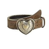 Marea Brava Cinturón Mujer Retro con Hebilla Corazón Tallada - Cuero PU Marrón Vintage Bohemio Y2K, Tachuelas Doradas, Ajustable Unisex 105cm Moda 2025