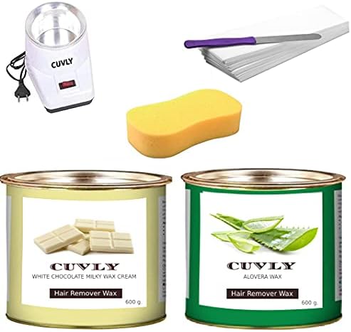 Waxing Kit Combo Machine - Heater, White Chocolate & Aloe Vera Wax (600 Gm Each), 70 Strips, Spatula, Sponge - For Women