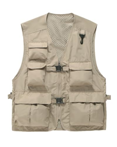 Daoba Chaleco para hombre y mujer, con múltiples bolsillos, para camping, pesca, fotografía, ropa casual, beige, S