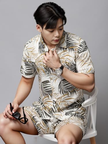 Image of Rigo Men's Rayon Printed Relaxed Night Suit Set Casual Co-Ords Set|Shirt And Short Set