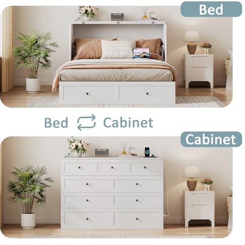 LIVAUVEAD Full Size Murphy Bed with Charging Station & Drawer, Full Size Mobile Cabinet Bed Frame, Murphy Chest Bed for Bedroom, Guest Room