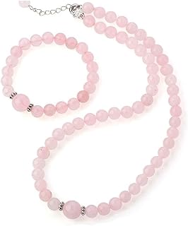 TreasureBay Womens Handmade Beaded Gemstone Necklace Bracelet Earrings Set - 8-12mm Natural Gemstone Multicolour, Black, Green, Deep Rose Agate Amethyst Turquoise Necklace Set For Women (Rose Quartz)