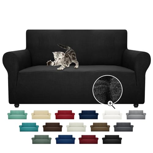 ZNSAYOTX Super Stretch Couch Cover Love Seat Sofa Covers for Living Room Dogs Pet Friendly Furniture Protector Spandex Loveseat Slipcovers with Anti Slip Foam Sticks (Black, Loveseat)