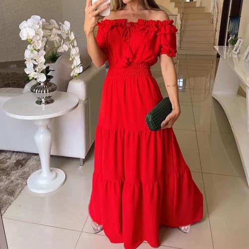 Dress with Puffed Sleeves Fashionable Lacing Halter Neckline Pure Color Large Skirt with Lotus Leaf Edge4