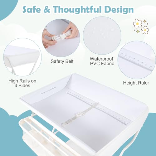 Image of Costzon Changing Table, Portable Baby Changing Table Foldable Diaper Changing Station with Safety Belt, Large Storage Rack & Shelf, Nursery Organizer for Newborn Infant (Beige)