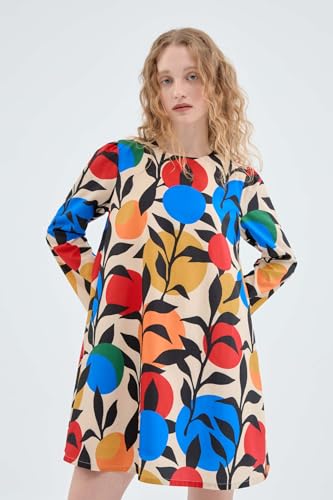 Robe courte évasée à manches longues à motif imprimé feuilles légères