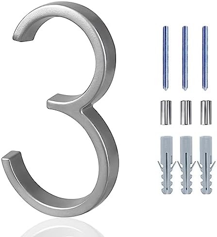 House Address Numbers for Outside, Metal Modern House Numbers, Garden Door Mailbox Number Sign with Nail Kit, Silver(Number 3)