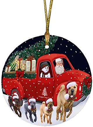 Christmas Express Delivery Red Truck Running Shar Pei Dogs Round Flat Ornament - Pet Decorative Hanging Ornaments for Christmas X-mas Tree Decorations - 2.75" Round Christmas Ornament
